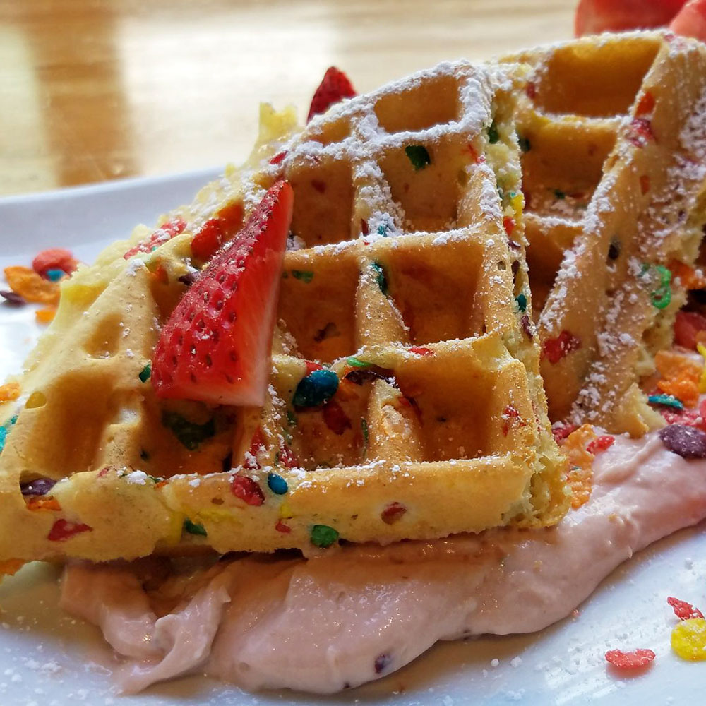 Dime Store Detroit Brunch Restaurant Strawberry Rainbow Waffle