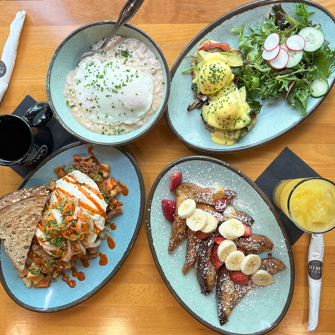 Chef-driven brunch dishes at Dime Store, including biscuits & gravy, veggie benny, duck bop hash and brioche French toast