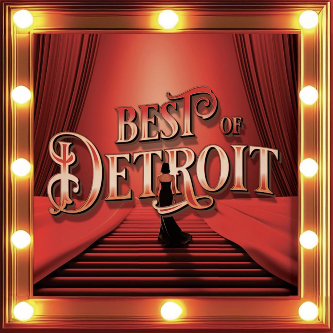 Hour Detroit Best of Detroit 2025 magazine cover featuring a woman on a red carpeted staircase framed in lights