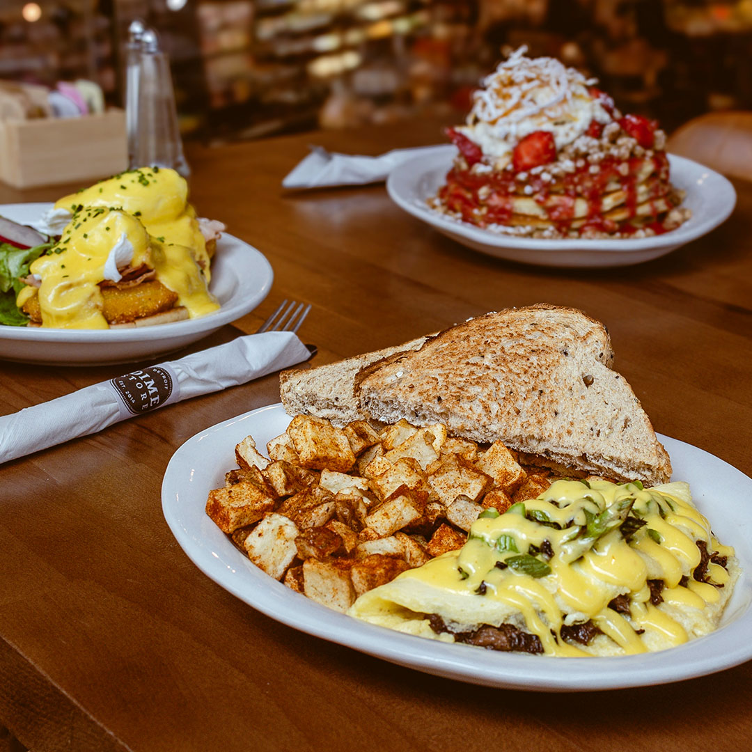 Chef’s specials braised beef & asparagus omelette, strawberry rhubarb pancakes and fried green tomato benny at Dime Store