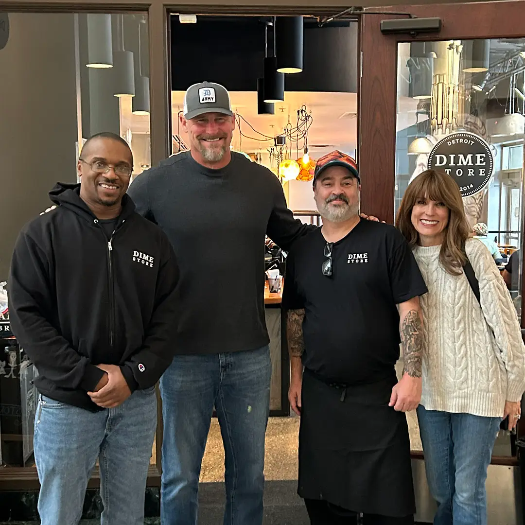 Detroit Lions Coach Dan Campbell and wife Holly with Dime Store owner Jeff Alexander and Chef Josh Taylor