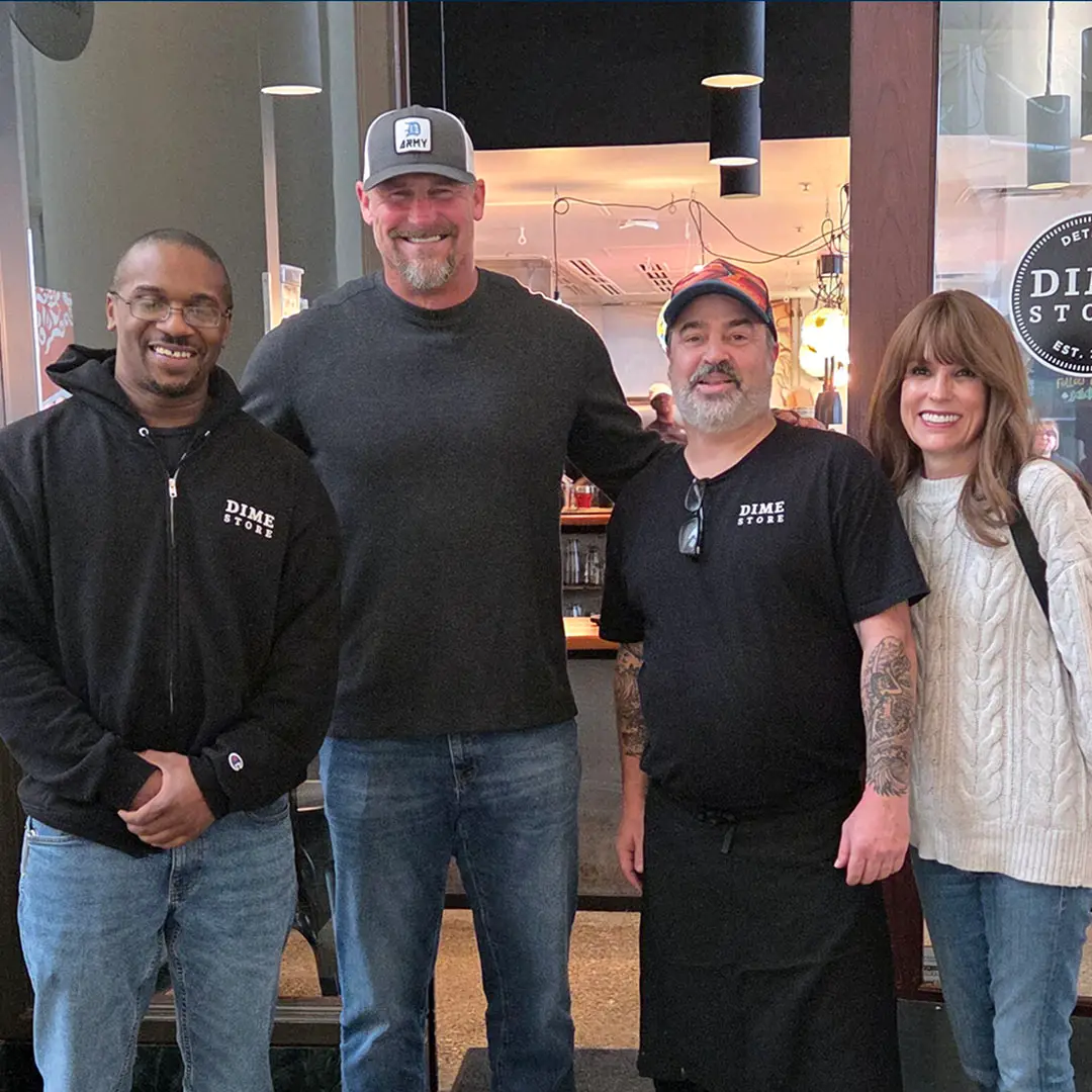 Detroit Lions Coach Dan Campbell and wife Holly with Dime Store owner Jeff Alexander and Chef Josh Taylor